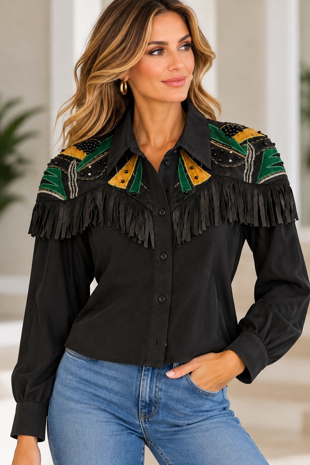 Vintage Cedars Silk & Leather Fringe Blouse