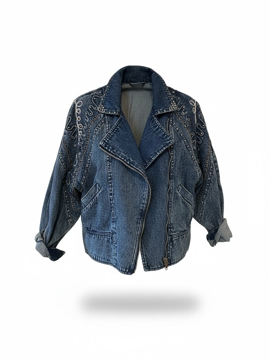 Vintage Cache Embellished Denim Moto Jacket