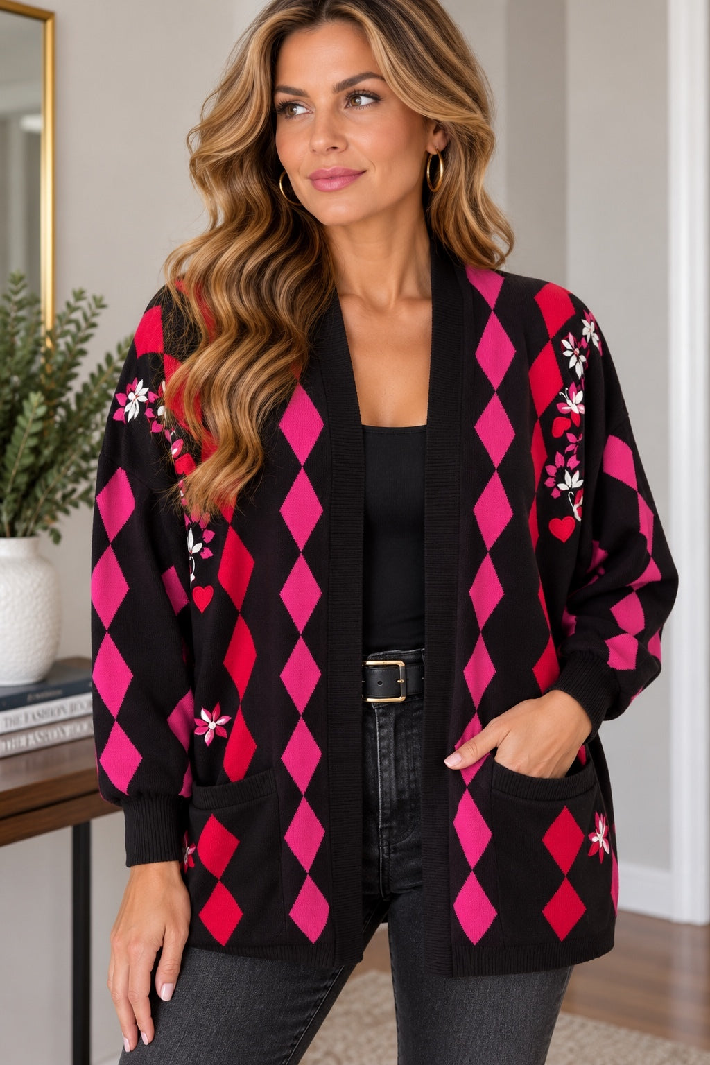 Vintage Escada Black, Pink & Red Argyle Cardigan 38