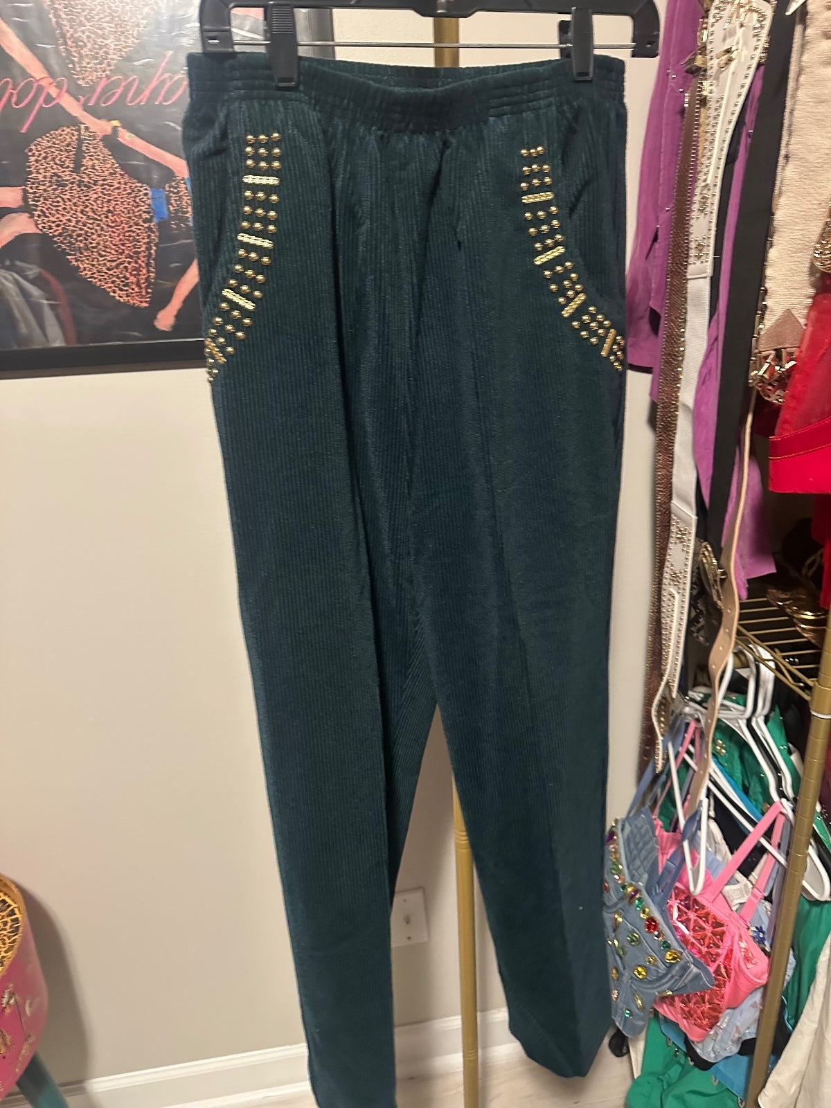 Vintage Dark Green Studded Jacket & Pants Set