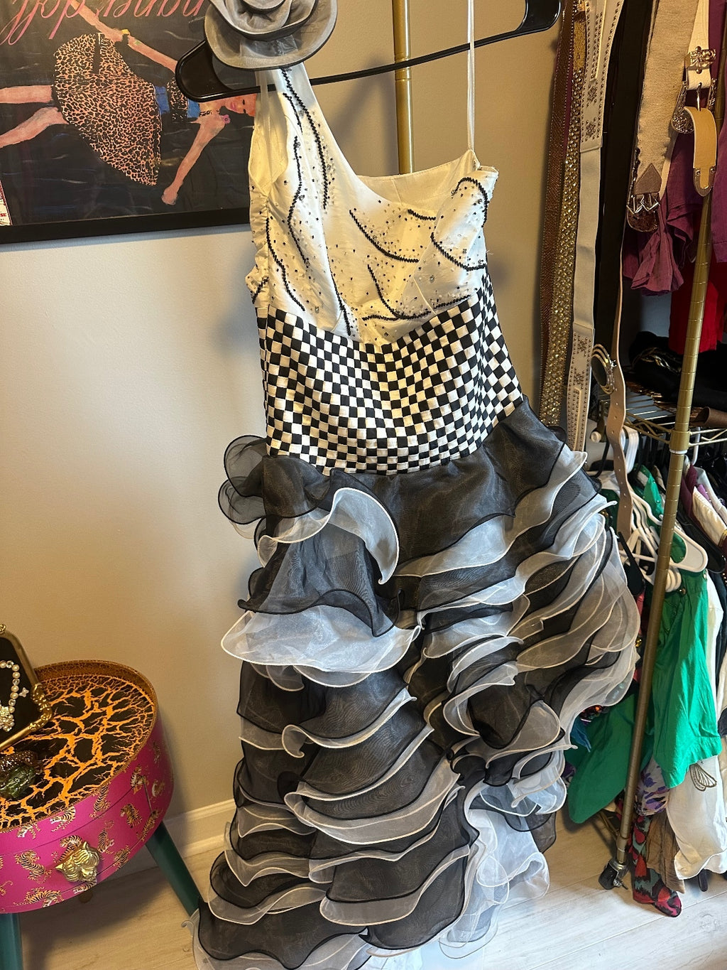 Vintage White & Black Ruffled Evening Gown