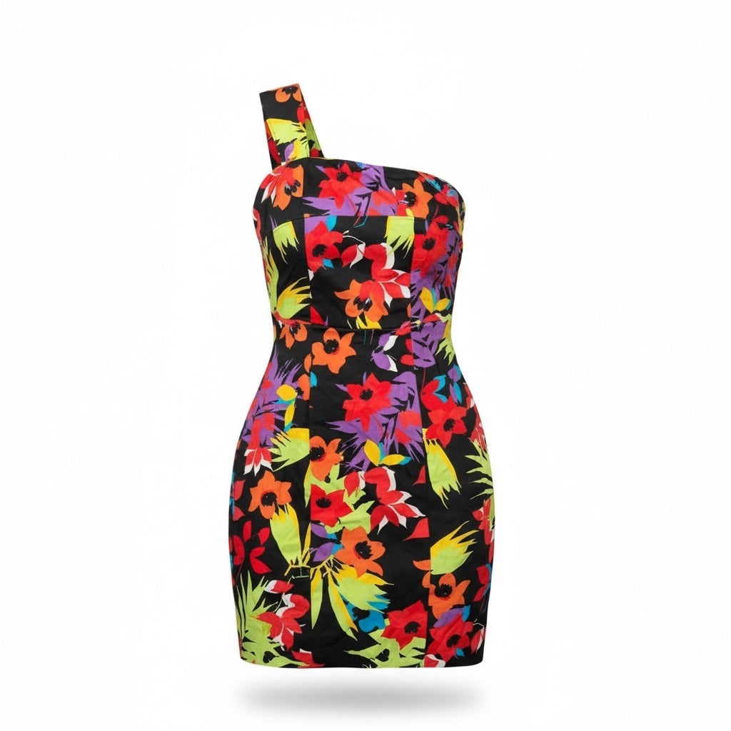 Vintage Cache Multicolor Floral One-Shoulder Mini Dress