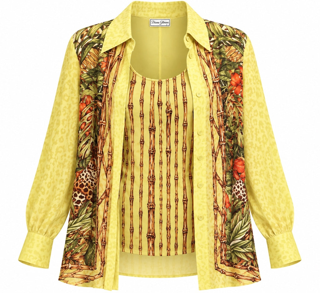 Vintage Diane Gilman Silk Tropical Print Two-Piece Blouse & Tank Set