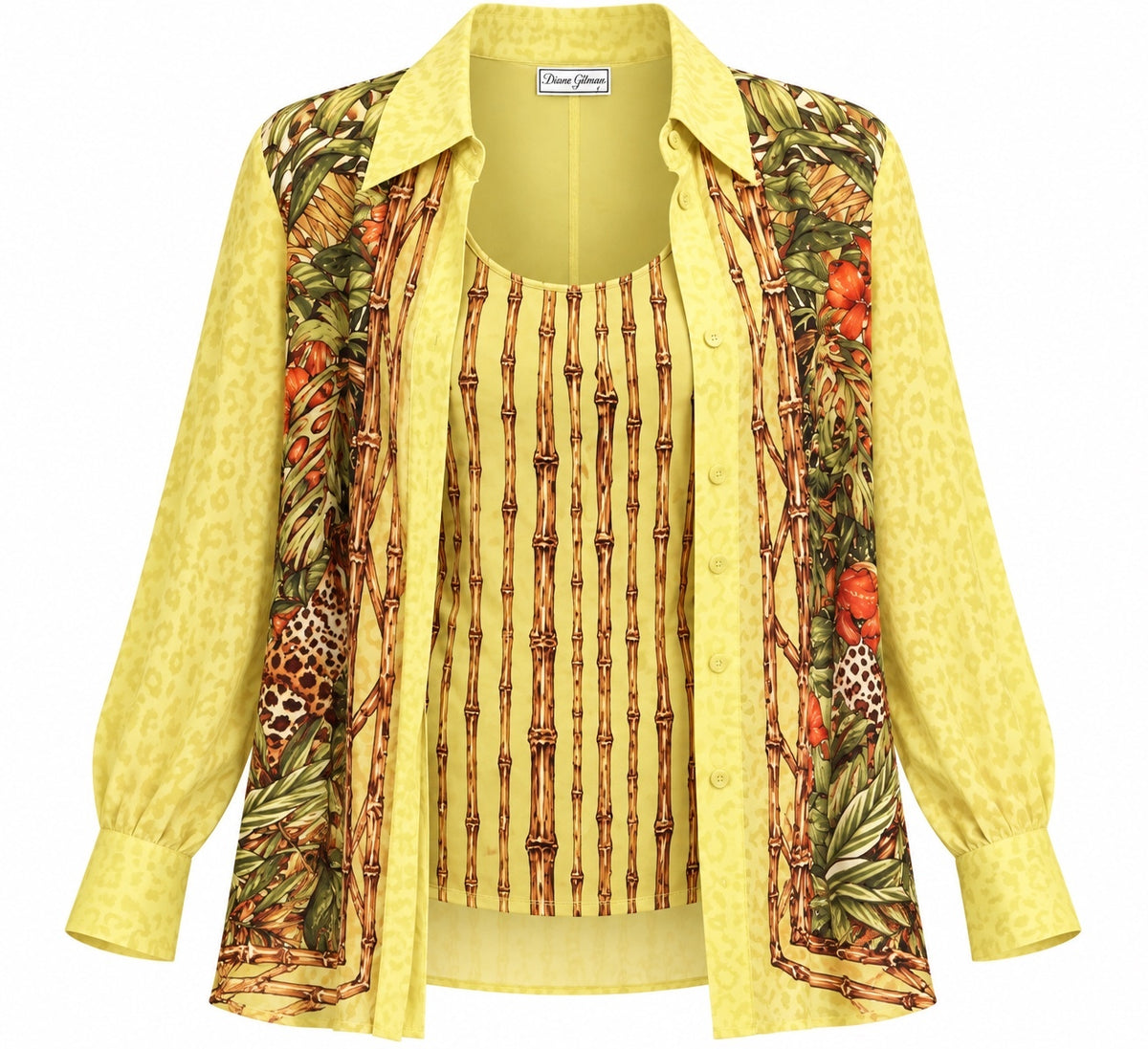 Vintage Diane Gilman Silk Tropical Print Two-Piece Blouse & Tank Set