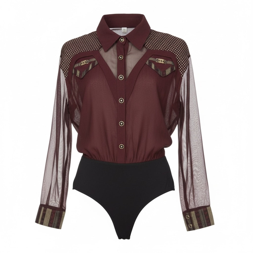 Cache Vintage Burgundy Sheer Western Bodysuit