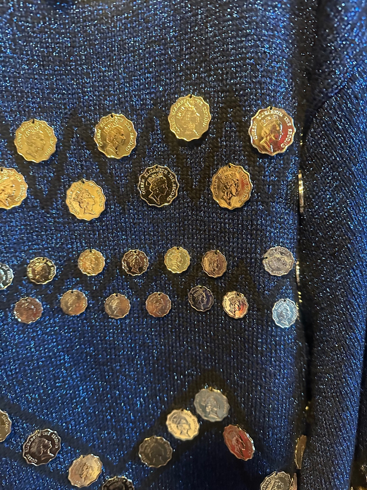 Vintage Bonnie Boerer Coin Embellished Navy Sweater