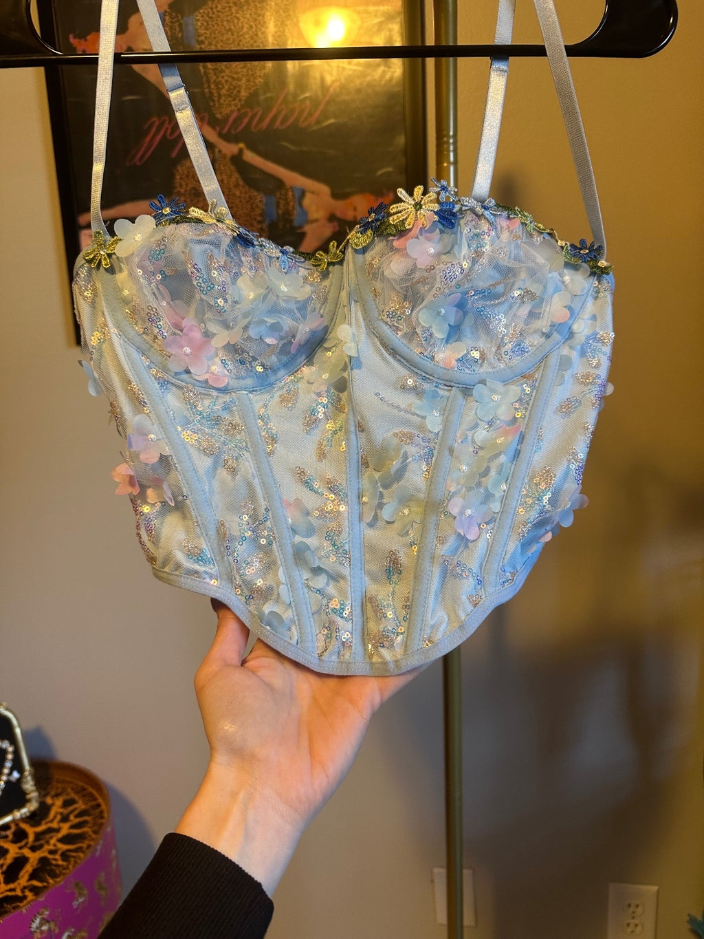 Dusty Blue Floral Embroidered Corset Bustier Top