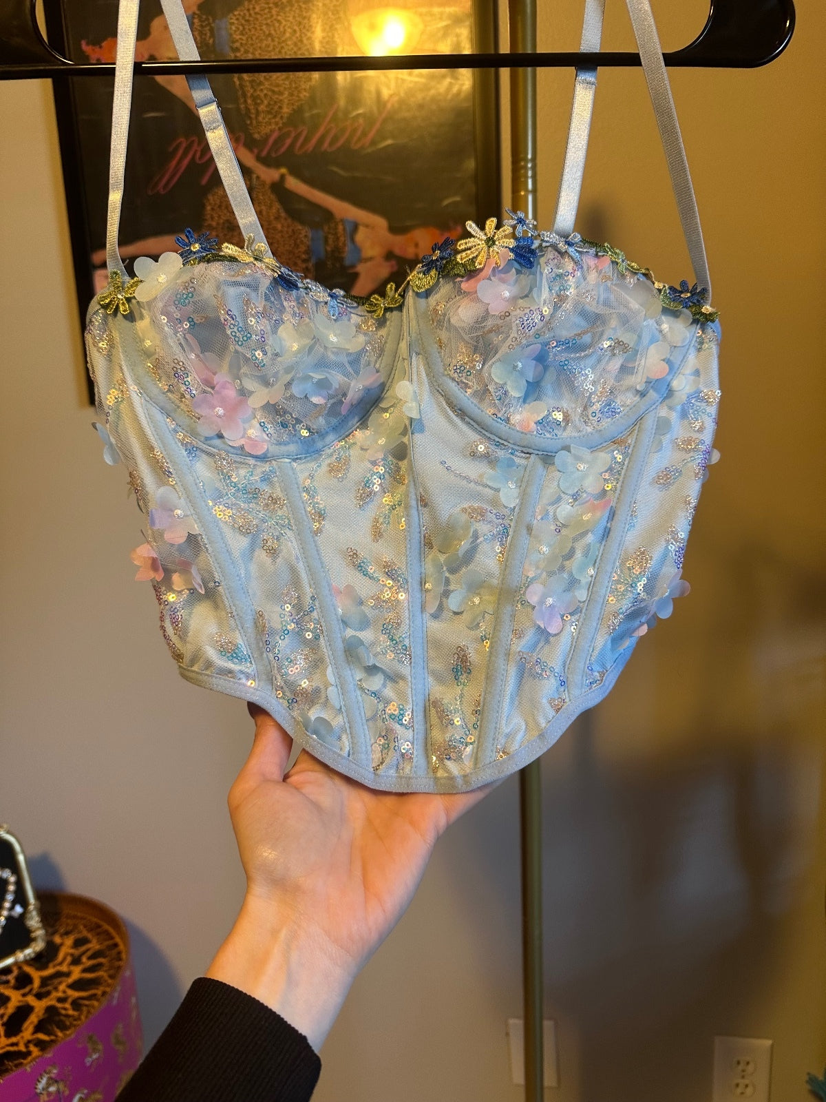 Dusty Blue Floral Embroidered Corset Bustier Top