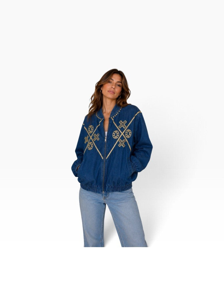 Vintage Denim Gold Embellished Bomber Jacket