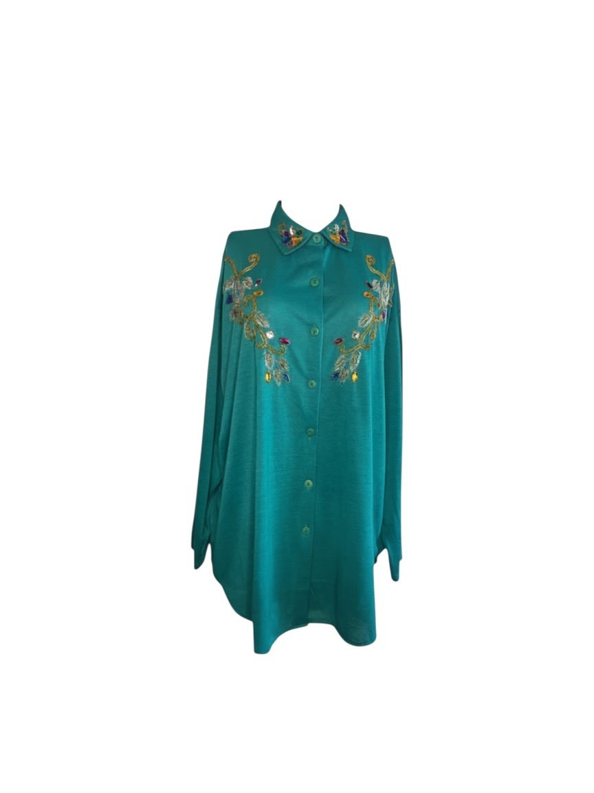Vintage Teal Embellished Button-Front Tunic Shirt