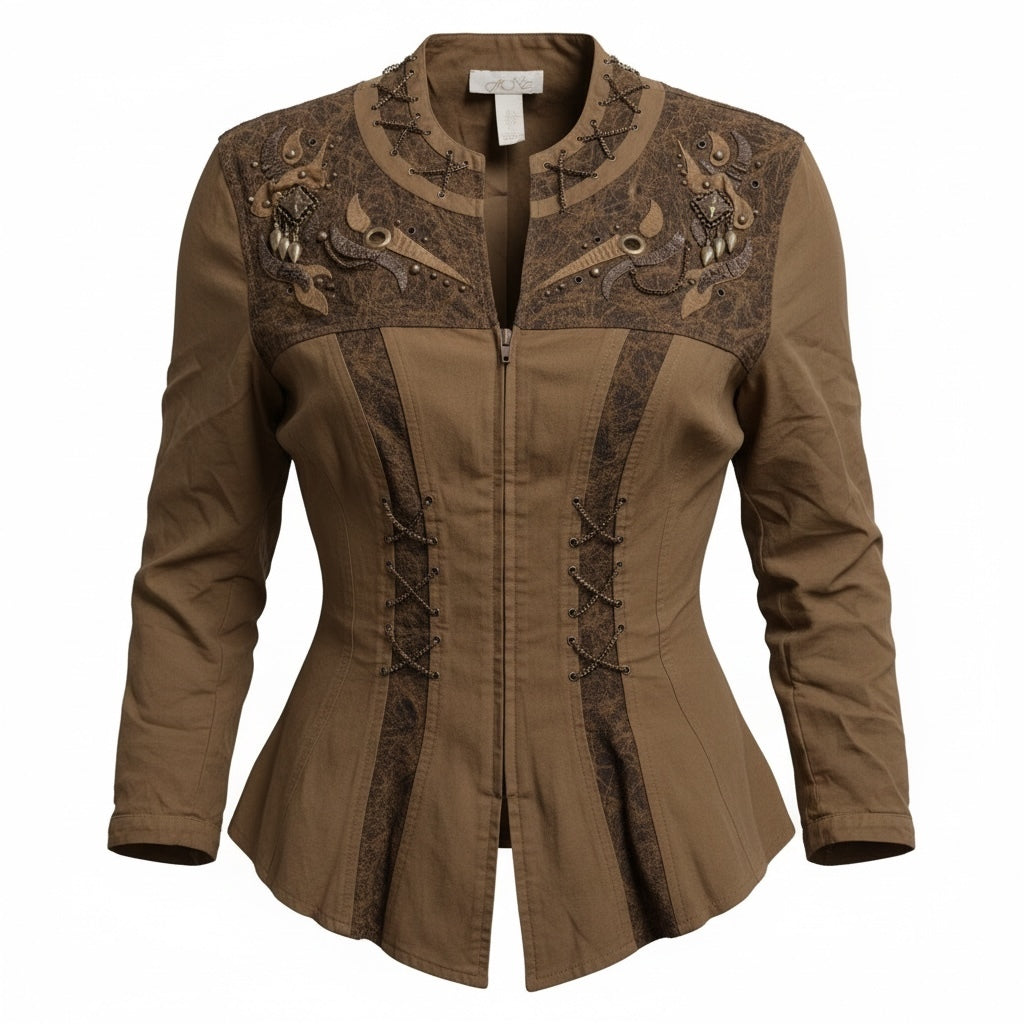 Vintage Cache Brown Olive Embellished Corset-Style Jacket