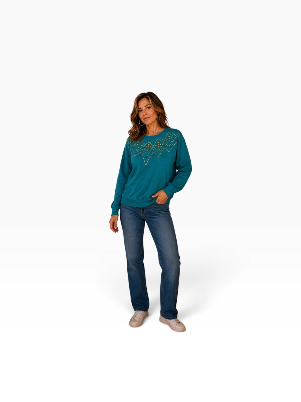 Adolfo Vintage Teal & Gold Geometric Embellished Sweatshirt