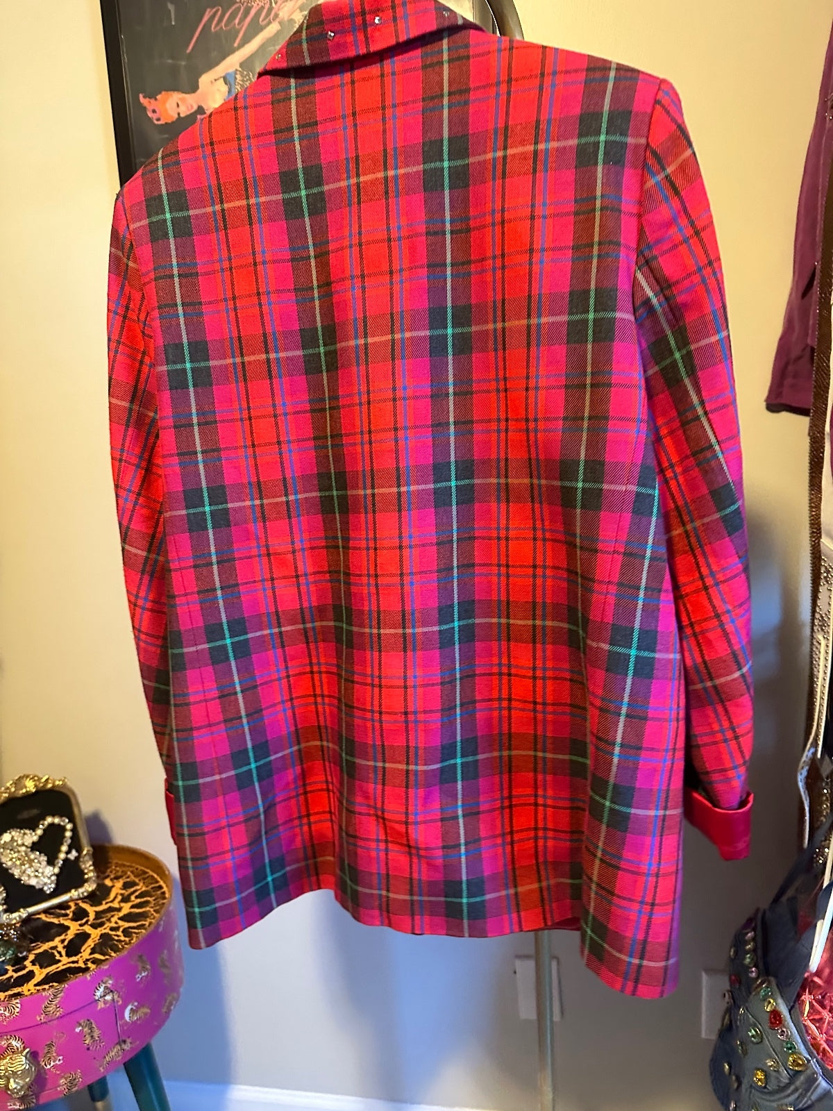 Criscione Red Tartan Plaid Rhinestone Statement Blazer