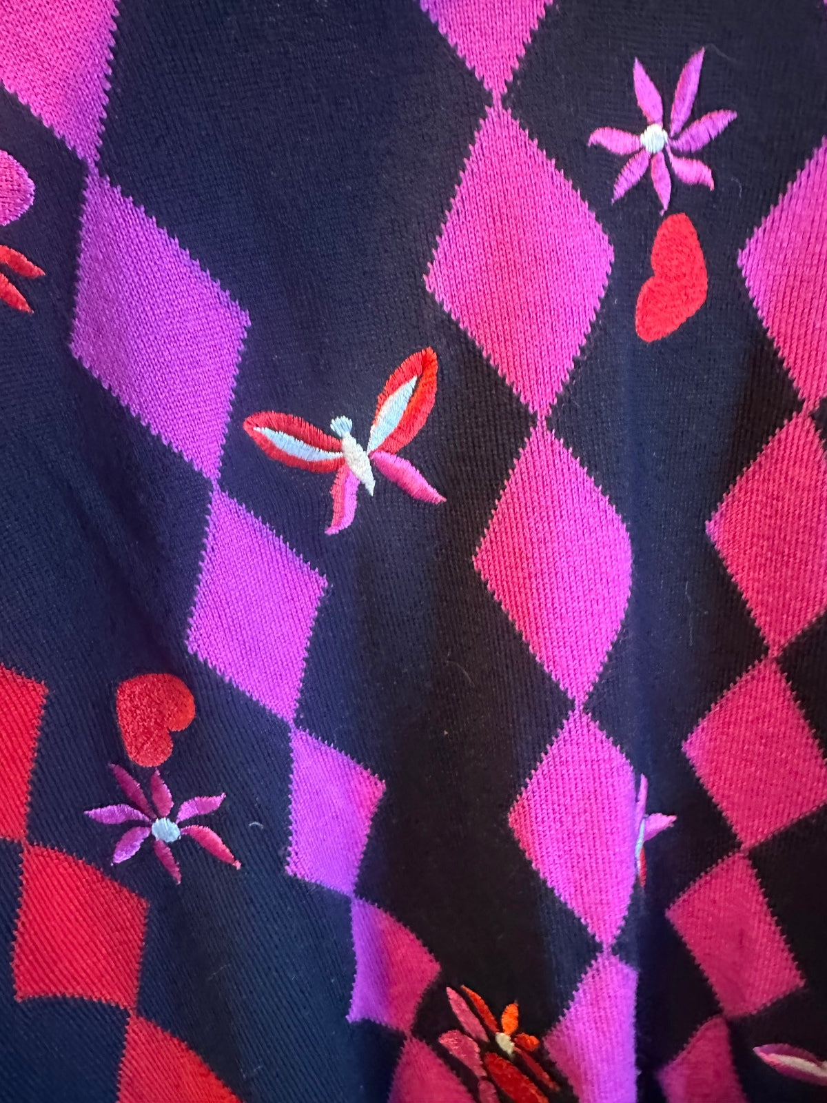 Vintage Escada Pink & Red Argyle Embellished Sweater 38
