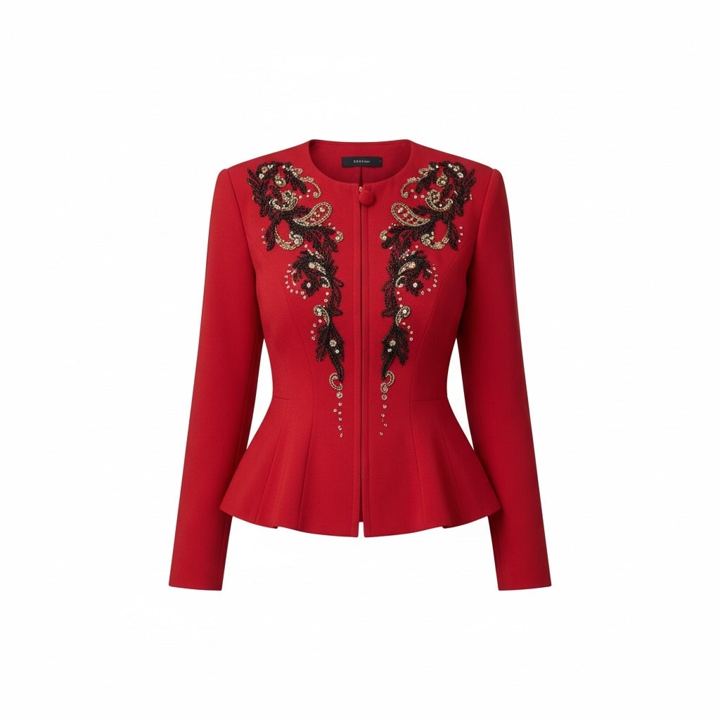 Vintage IIF Red Black & Gold Embellished Peplum Jacket