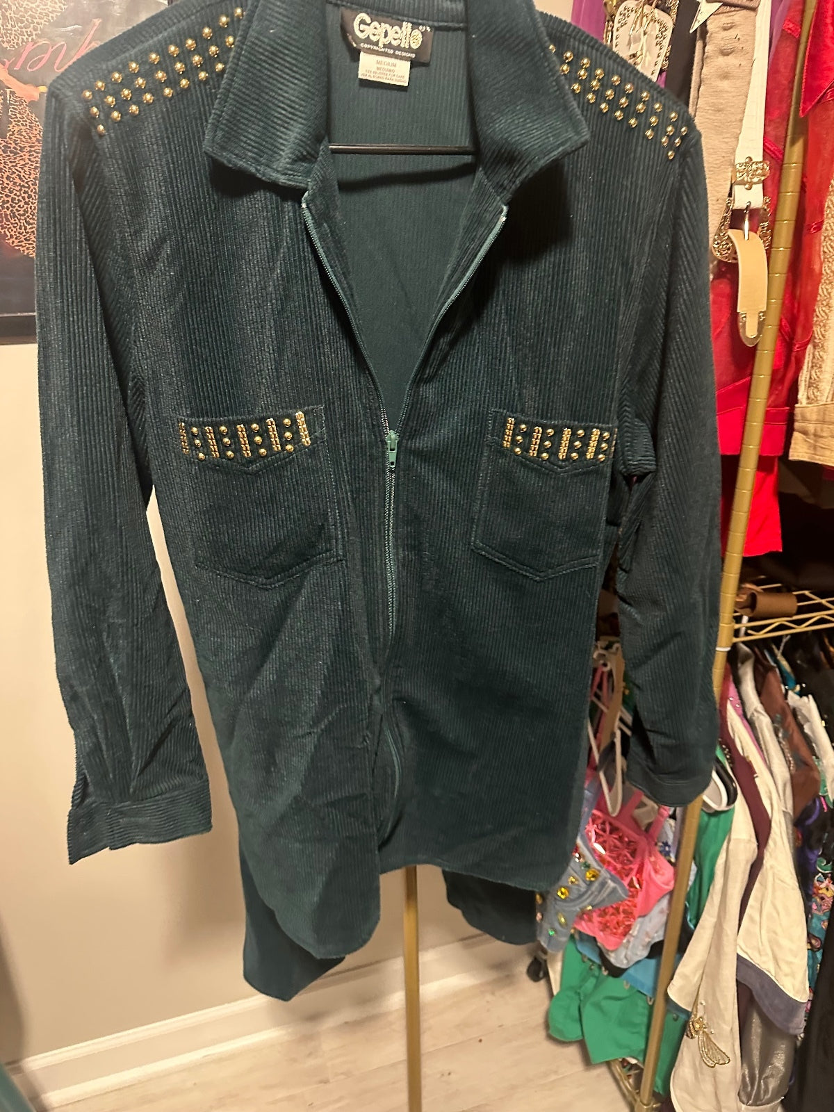 Vintage Dark Green Studded Jacket & Pants Set