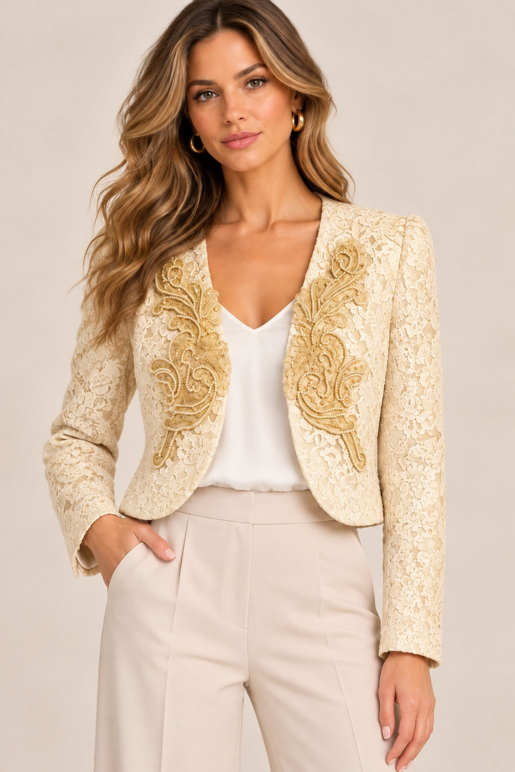 Vintage Karen Okada For David Howard Ivory Embellished Lace Bolero Jacket