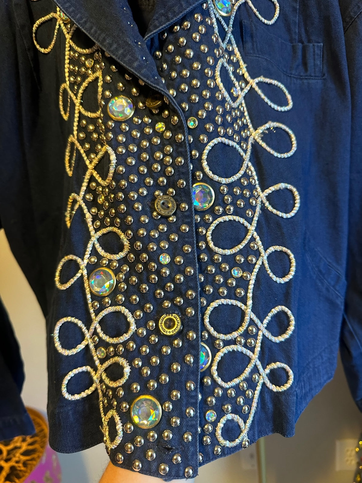 Vintage Cache Denim Rhinestone & Embroidered Cropped Jacket