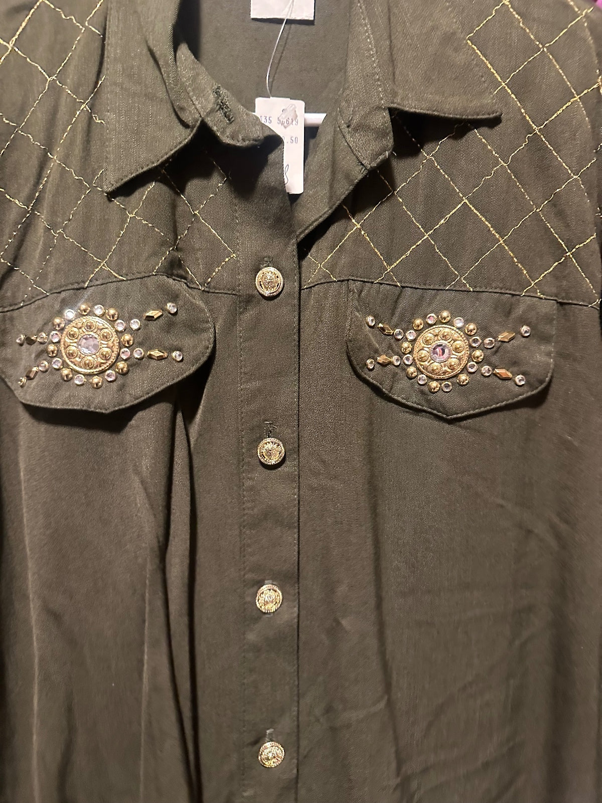 Saint Germain Vintage Olive Western Rhinestone Embellished Button-Front Shirt