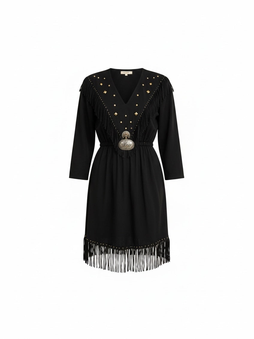 Vintage Black Western Fringe & Stud Dress