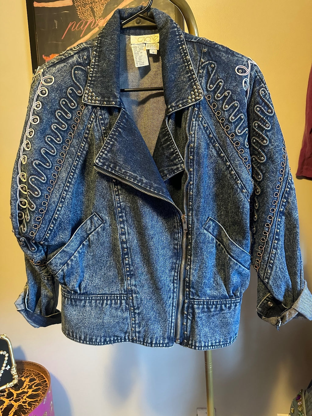 Vintage Cache Embellished Denim Moto Jacket