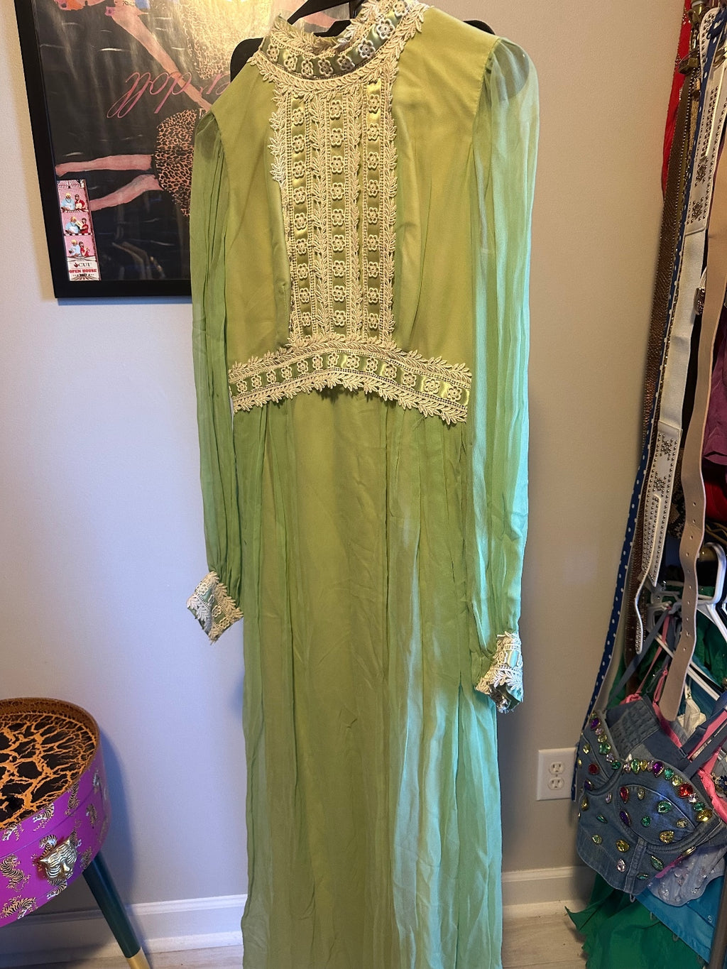Vintage 1970s Sage Green Lace Maxi Dress