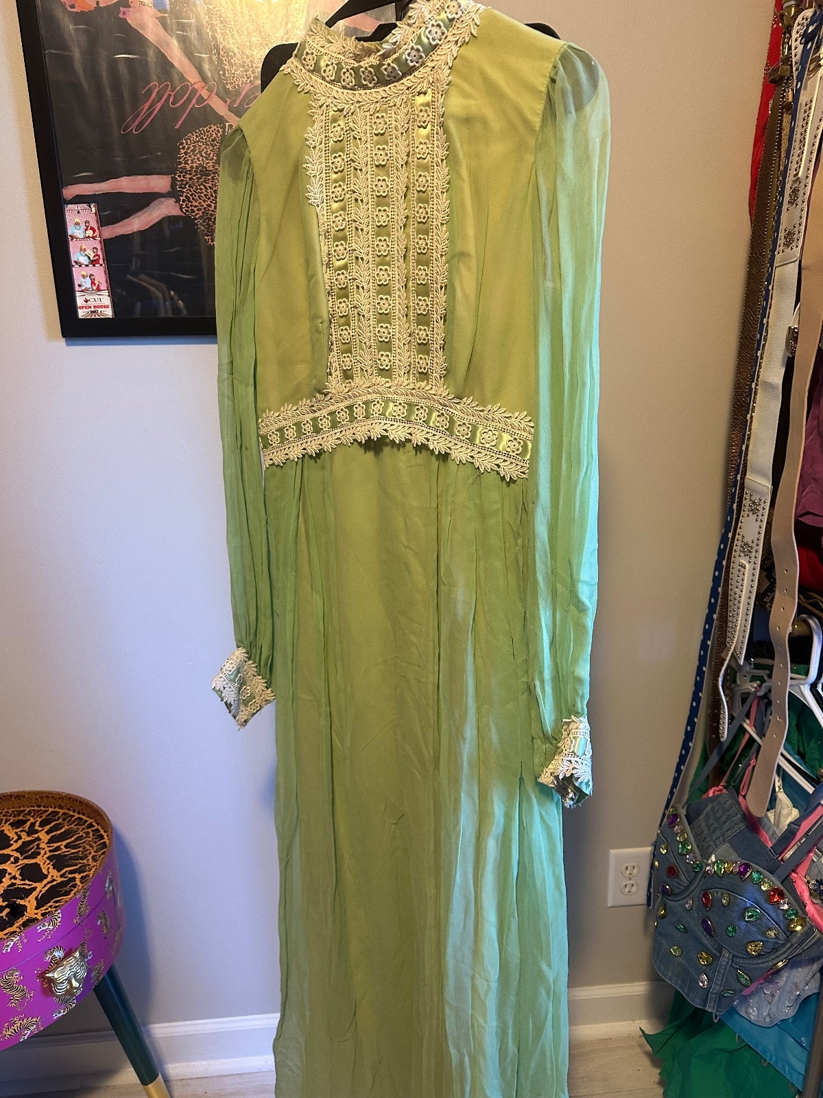 Vintage 1970s Sage Green Lace Maxi Dress