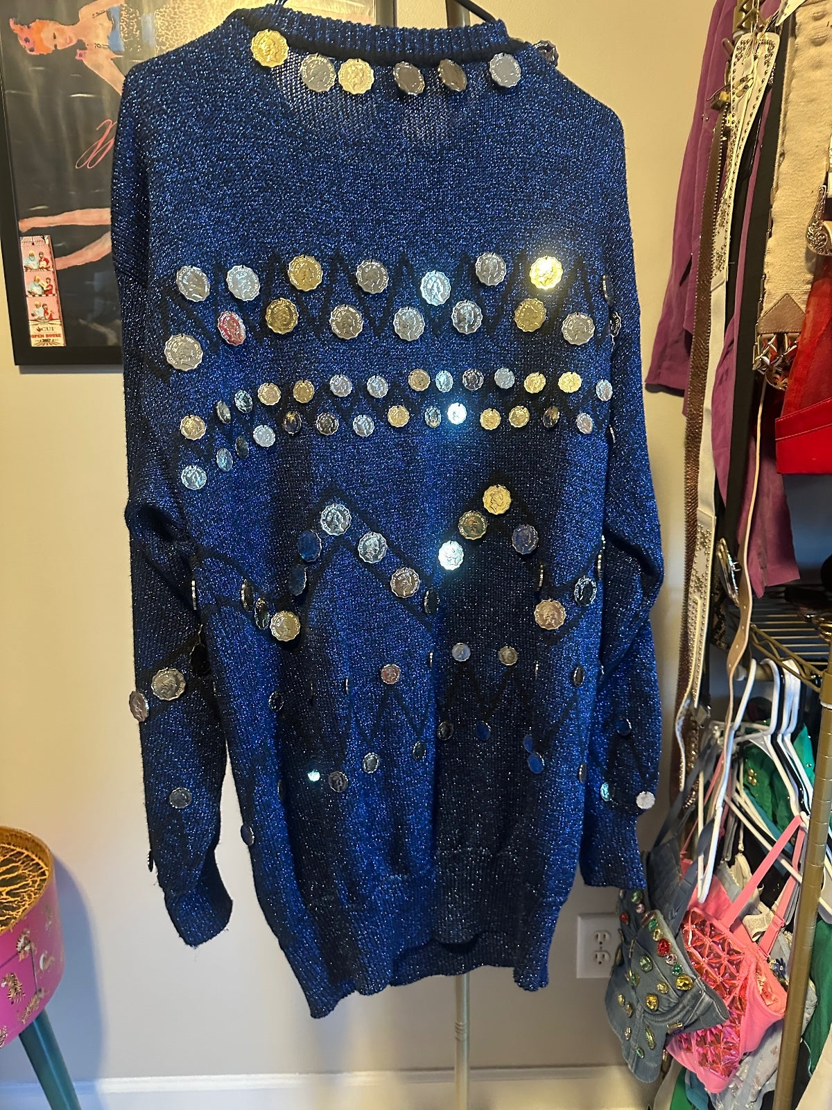 Vintage Bonnie Boerer Coin Embellished Navy Sweater