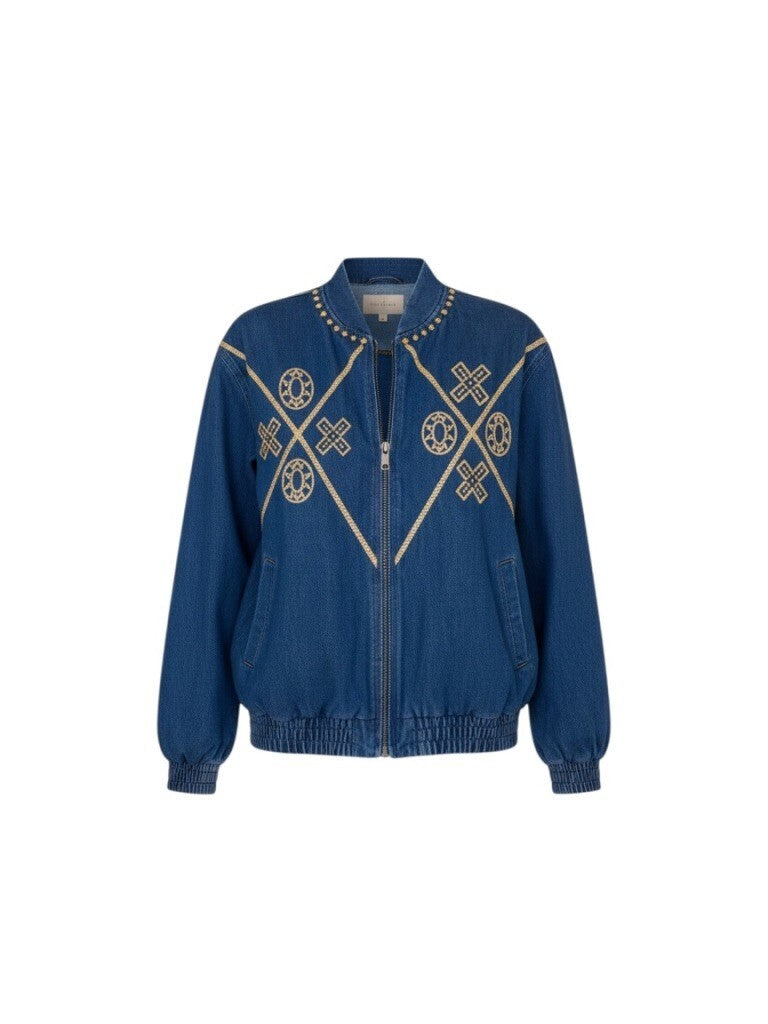 Vintage Denim Gold Embellished Bomber Jacket