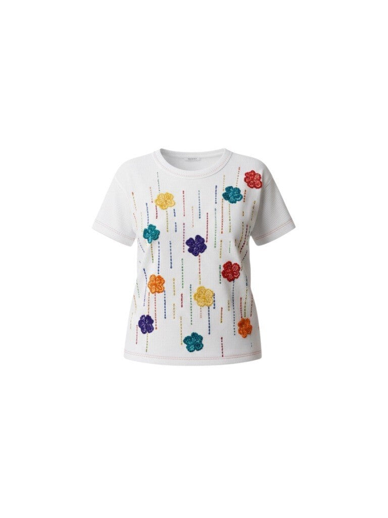 Vintage White Multicolor Floral Embellished T-Shirt
