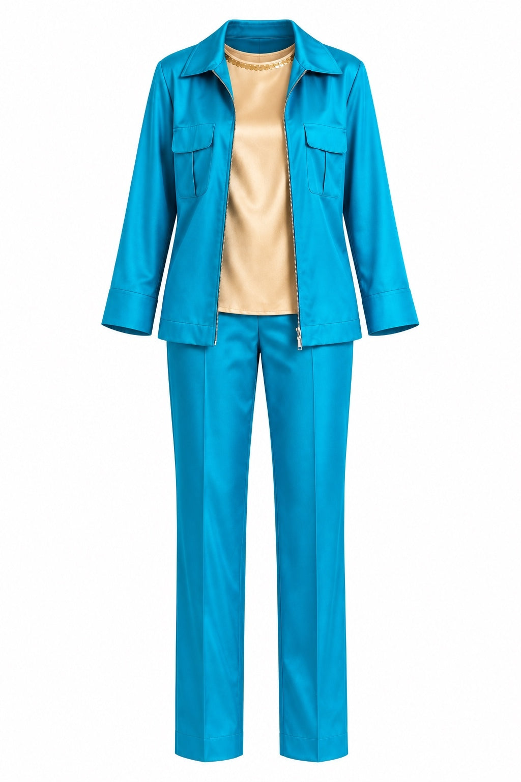 Vintage Diane Gilman Silk Three-Piece Turquoise Pant Suit Set