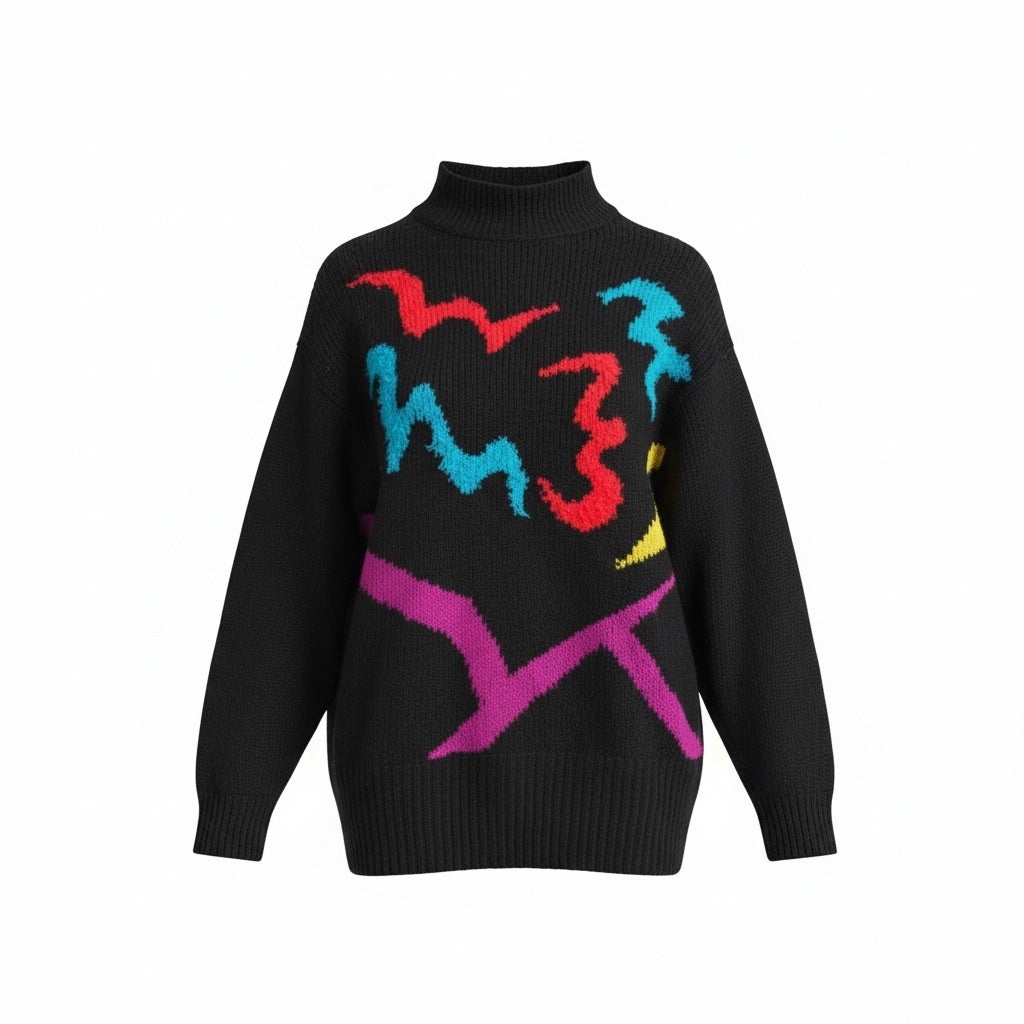 Vintage Black Multicolor Abstract Turtleneck Sweater