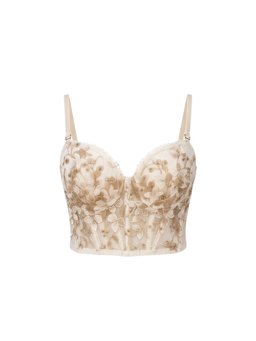 Ivory & Gold Floral Embroidered Bustier Top