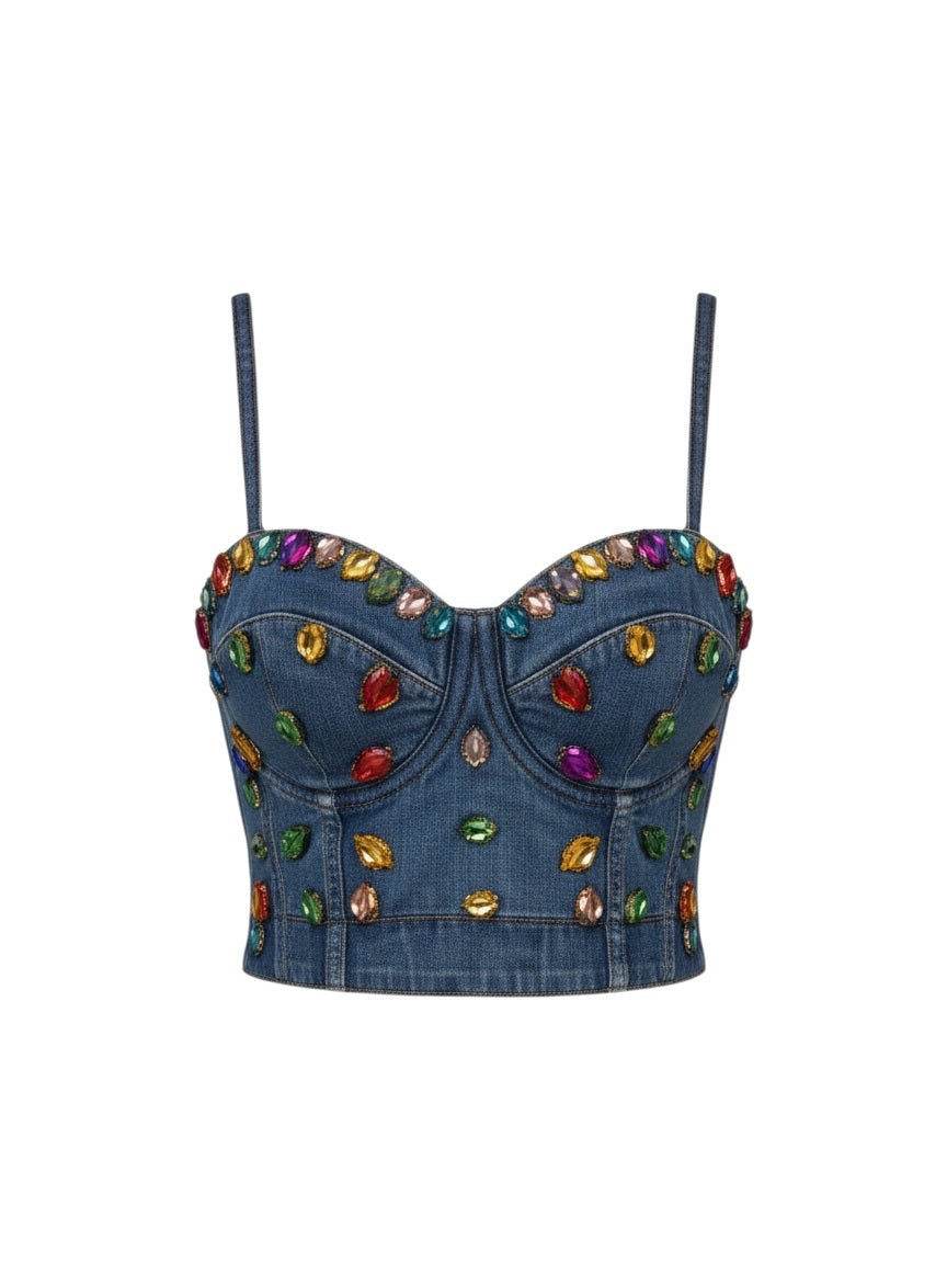 Denim Jewel Embellished Bustier Crop Top