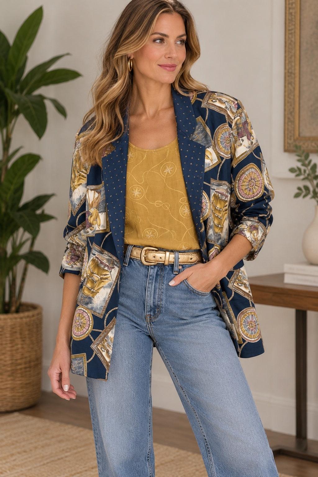 Vintage Platinum Nautical Print Blazer, Belt & Mustard Gold Tank Top