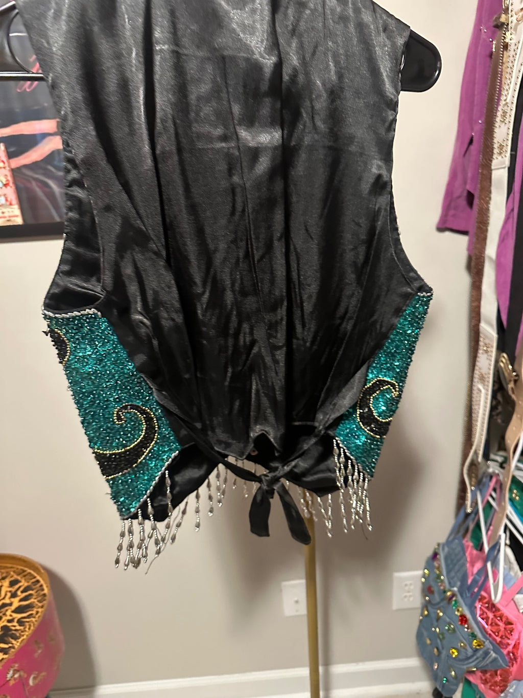 Vintage Cache Peacock Sequin & Beaded Fringe Vest