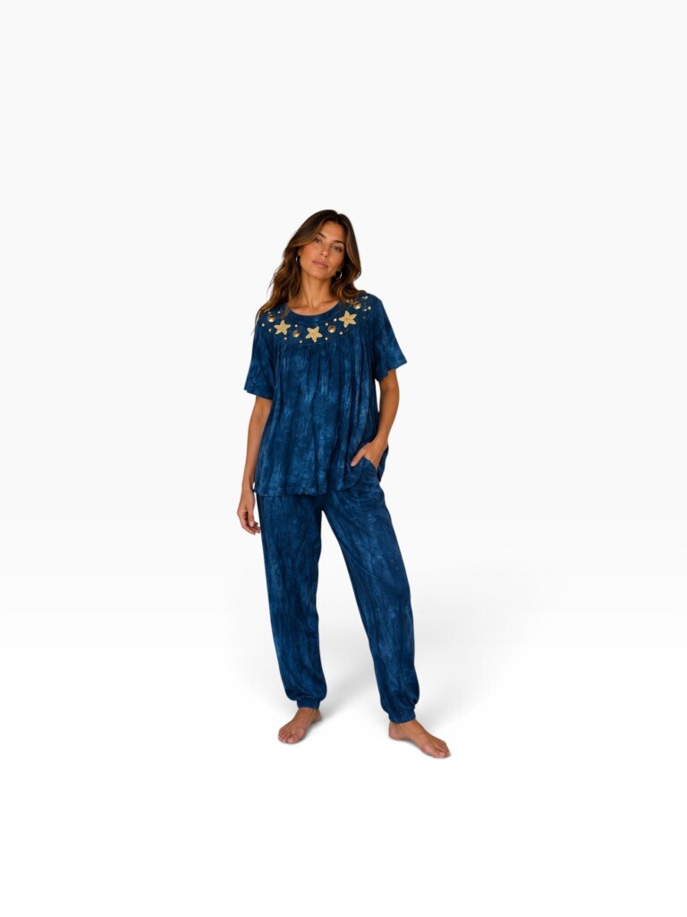 Vintage Blue Star Embellished Top & Pants Set