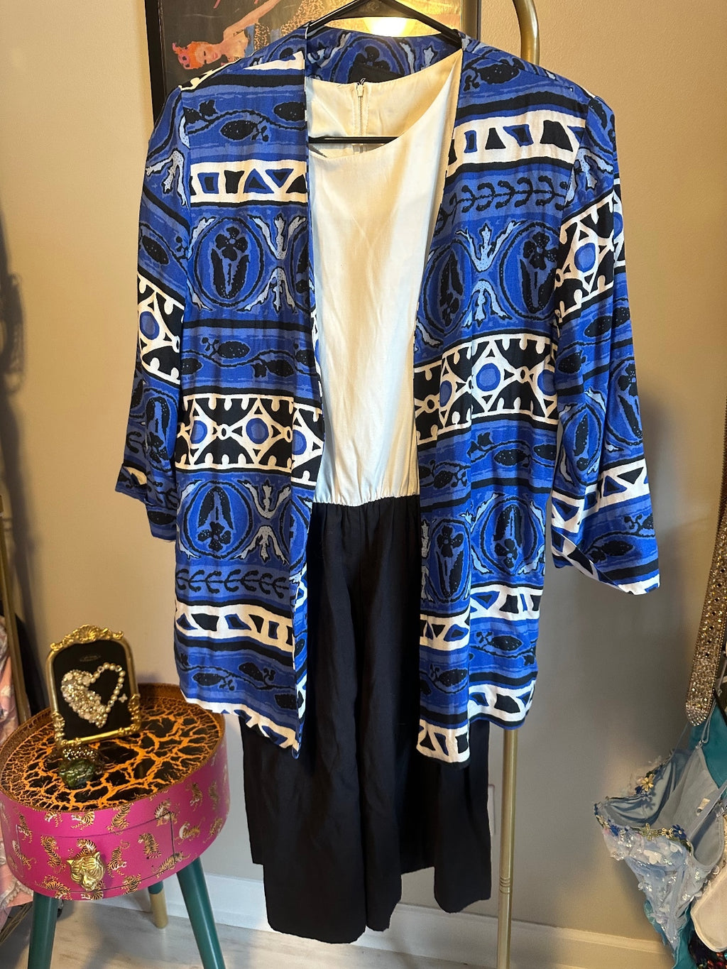 Vintage Blue & White Blazer Romper Set