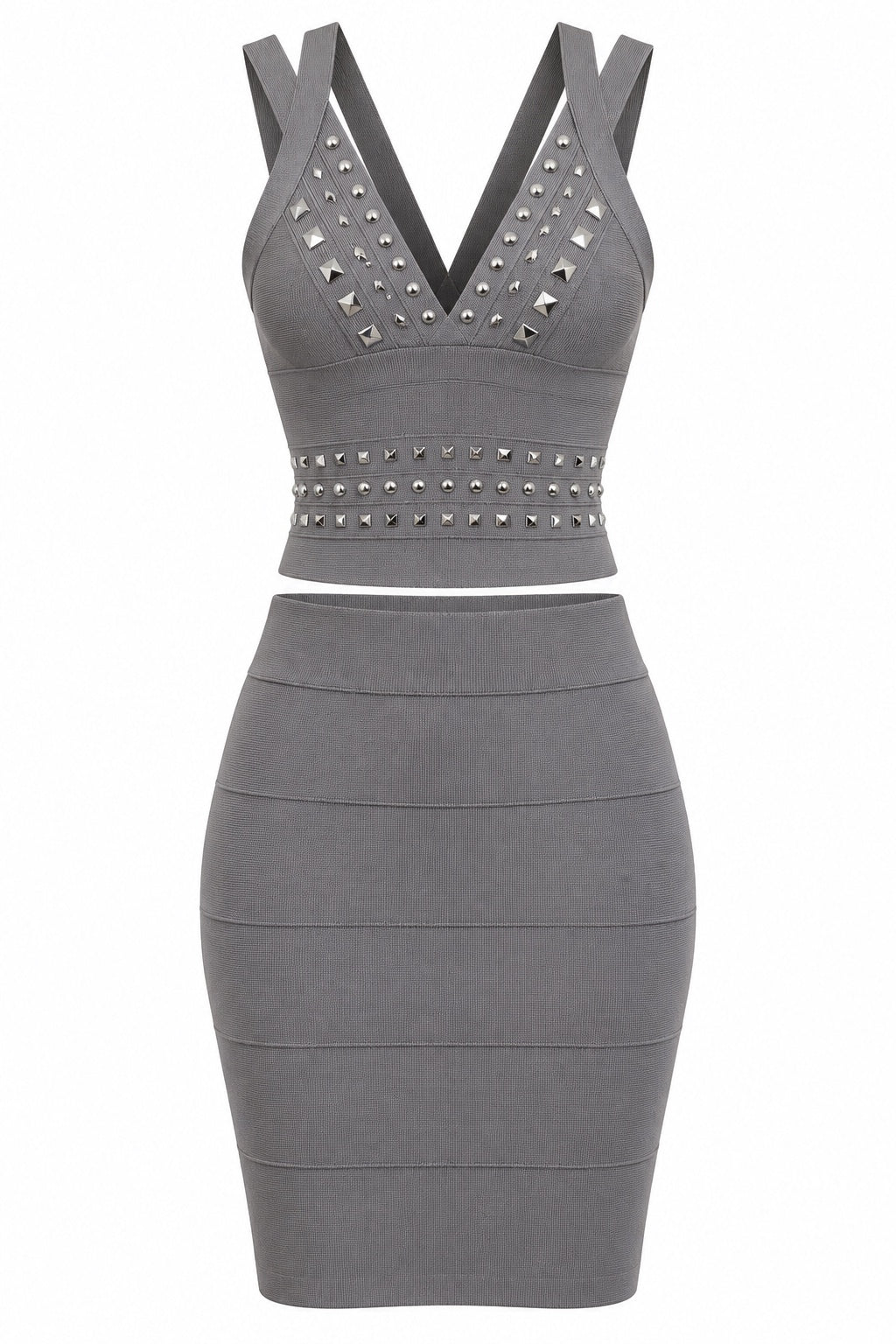 Caché Gray Studded Top & Skirt Set