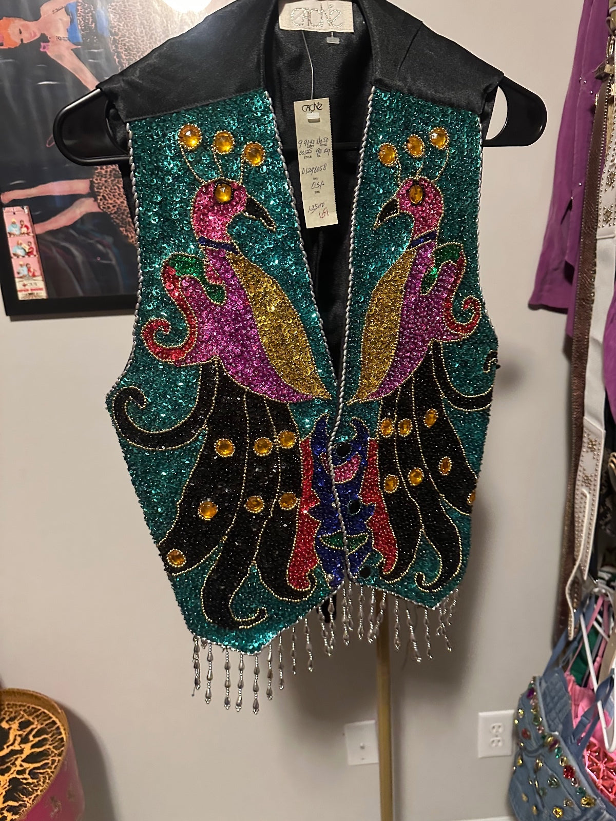 Vintage Cache Peacock Sequin & Beaded Fringe Vest