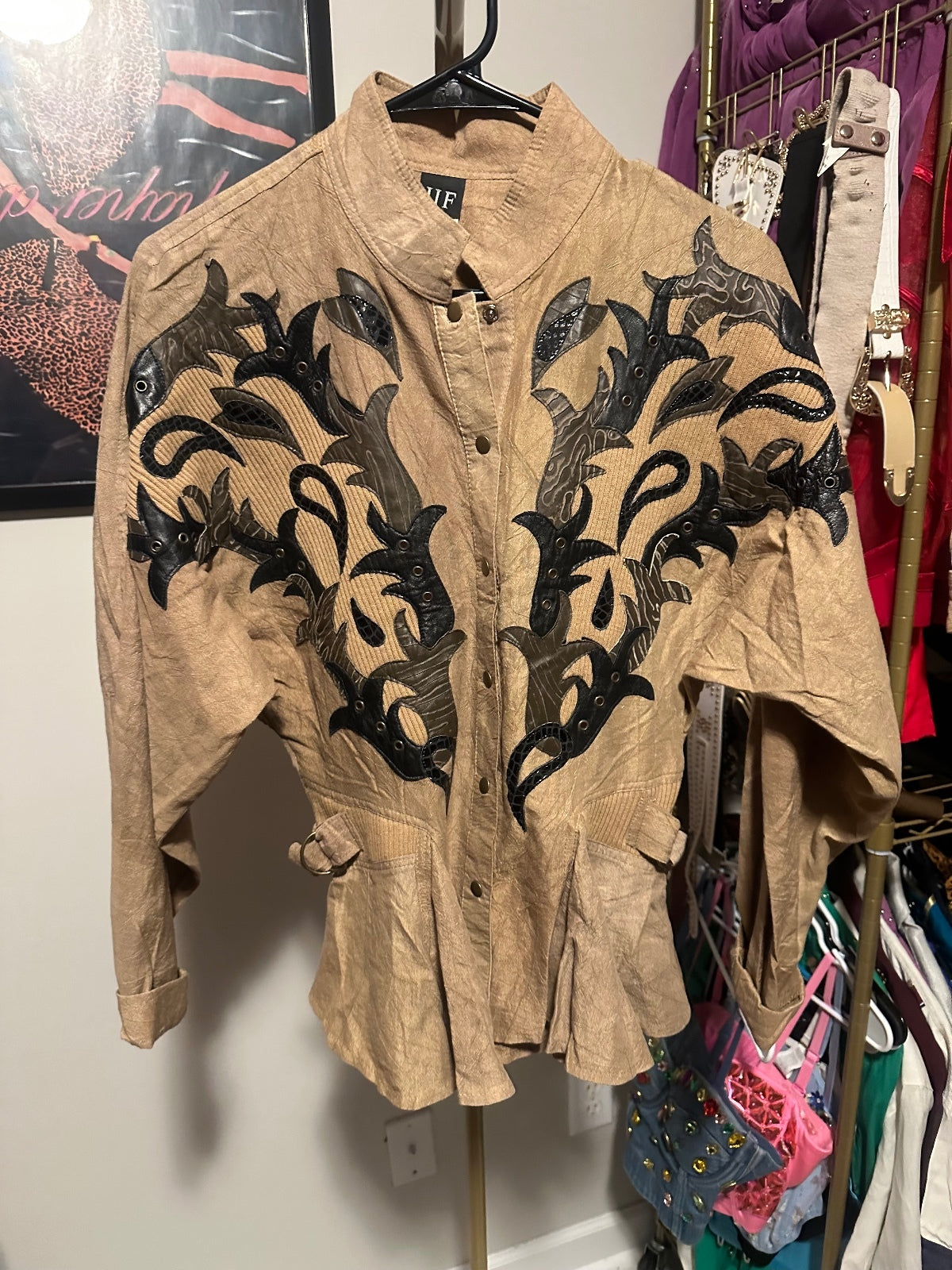 Vintage IIF Tan & Black Embroidered Peplum Jacket
