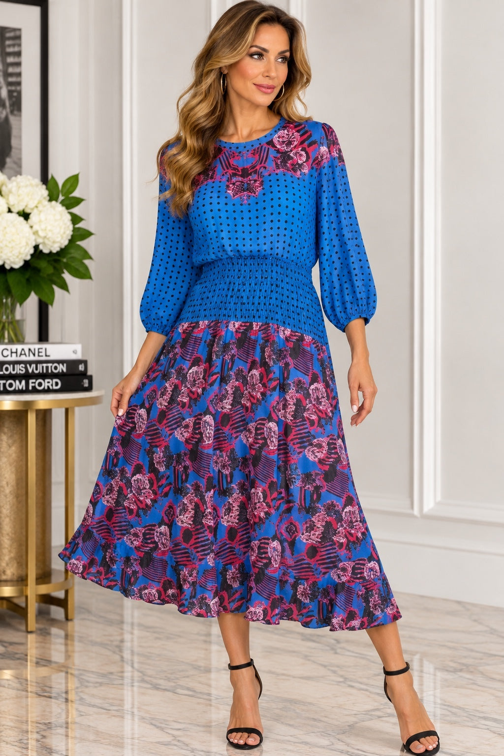 Diane Fries Blue & Pink Floral Midi Dress