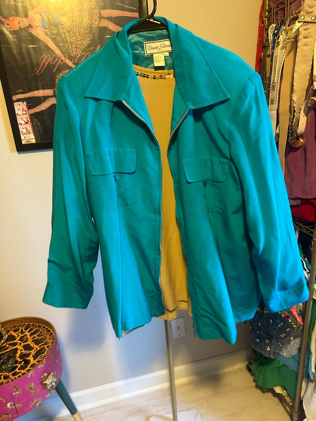 Vintage Diane Gilman Silk Three-Piece Turquoise Pant Suit Set