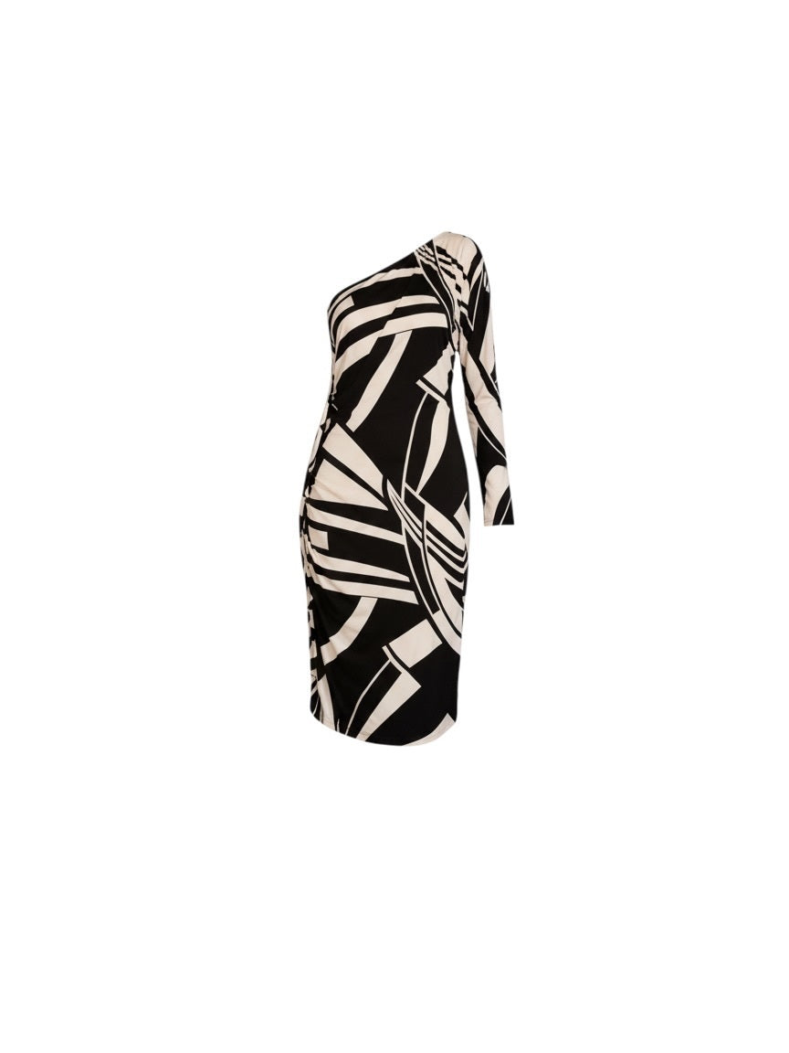 Cache Black & White Abstract One-Shoulder Dress