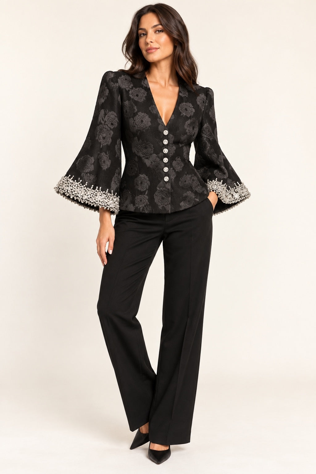 Leon Paule Originals Black Embellished Floral Jacquard Blazer