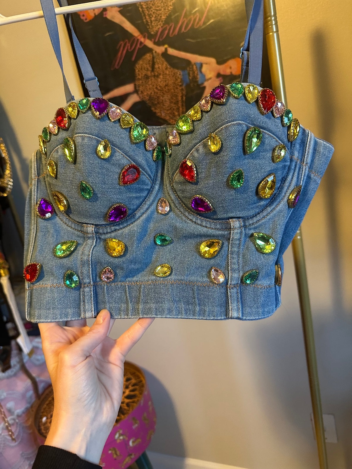 Denim Jewel Embellished Bustier Crop Top
