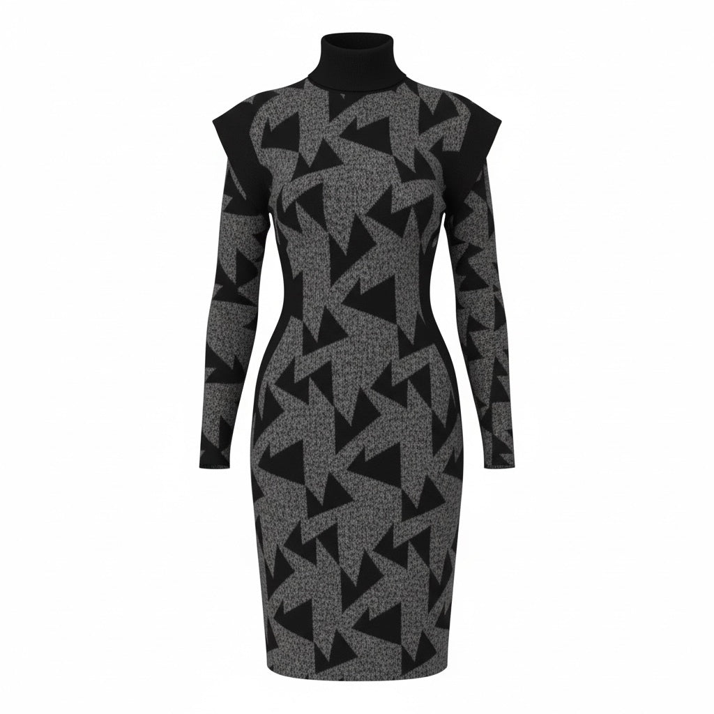 Black & Gray Geometric Power Shoulder Knit Dress
