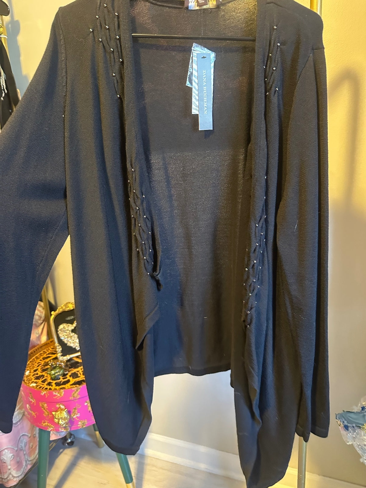Dana Buchman Black Gold Studded V-Neck Cardigan