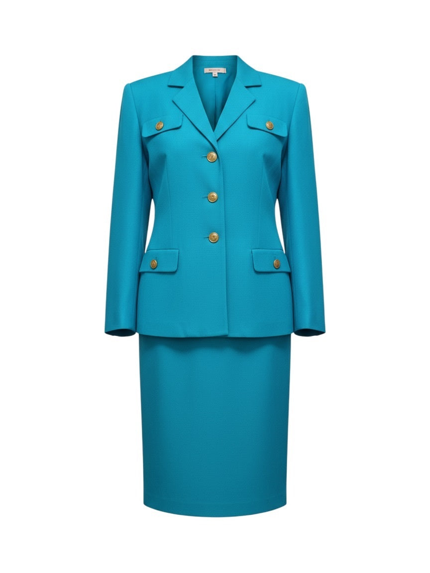 Doncaster Vintage Turquoise Gold Button Skirt Suit