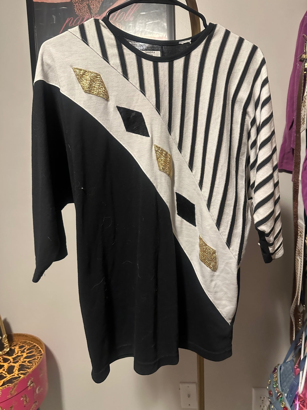 Vintage Black & White Geometric Colorblock Top